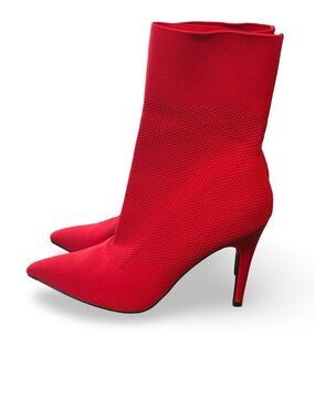 Brash Red Pointed-Toe Stretch Knit Stiletto Booties